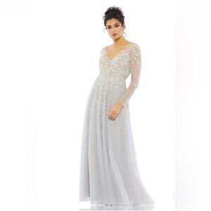 Mac Duggal EMBELLISHED WRAP OVER ILLUSION LONG SLEEVE A LINE Color Platinum Sz 8